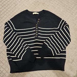 Sezane Navy and White Striped Button Henley Sweater